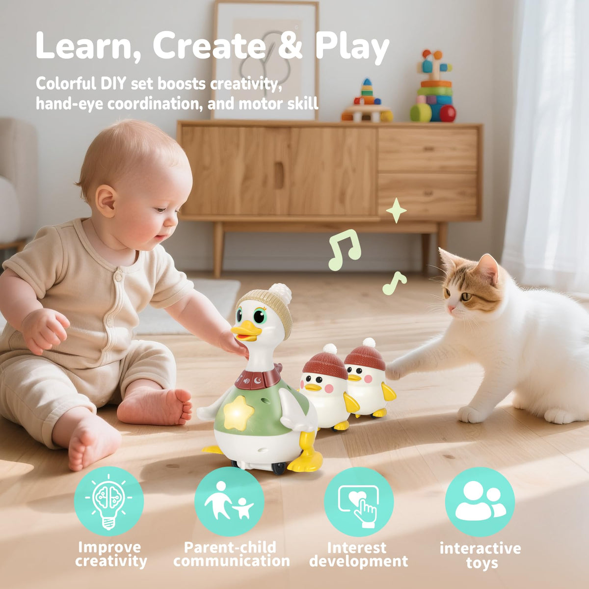 Hestiasko Baby Toys 6 8 10 12 Months, Tummy Time Duck Toy, Musical Dancing Duck Set with Lights & Sounds, Crawling and Interactive Sensory Learning Toy for Infants, Toddlers Gift for 1 Year Old Boy