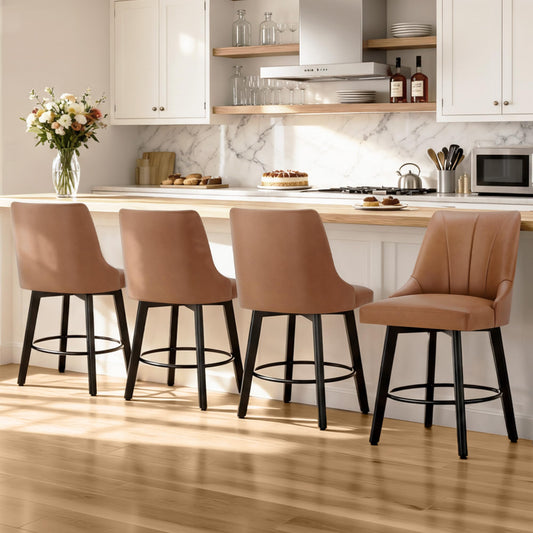 24" Counter Height Bar Stools Set of 4, Swivel Bar Stools with Backs, Faux Leather Upholstered Counter Barstools with Solid Wood Legs for Kitchen Island,Brown
