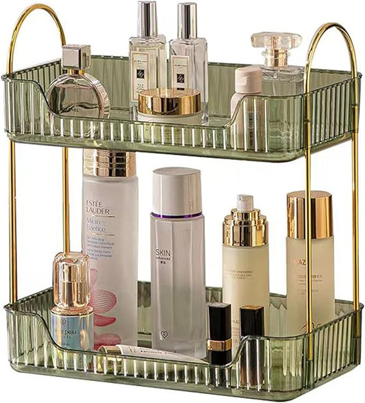 shuang qing Bathroom Counter Organizer Countertop Storage, Cosmetics Skincare Shelf, Makeup Organizer Perfume for Dresser Vanity Tray, Spice Rack for Kitchen(2 Tier-Green)