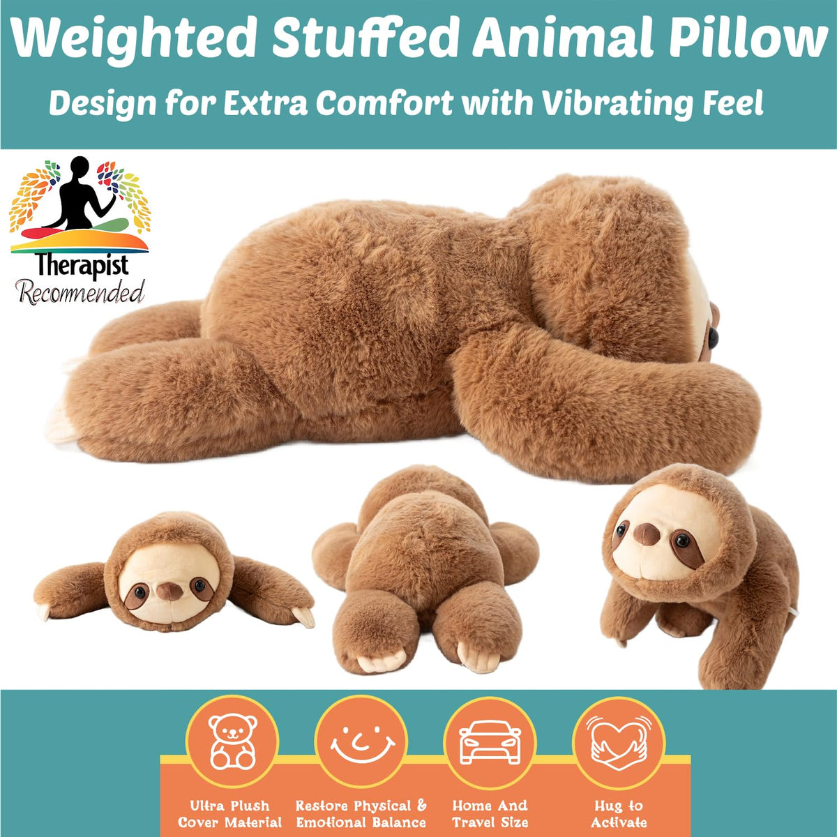 Snugglekid Sloth Sensory Weighted Vibrating Pillow, Pressure Activated for Kids Adults, Plush Minky Soft Size: 11 by 20 inches Pillow Animal, Calming Therapy for Focus and Balance for Gift Birthday