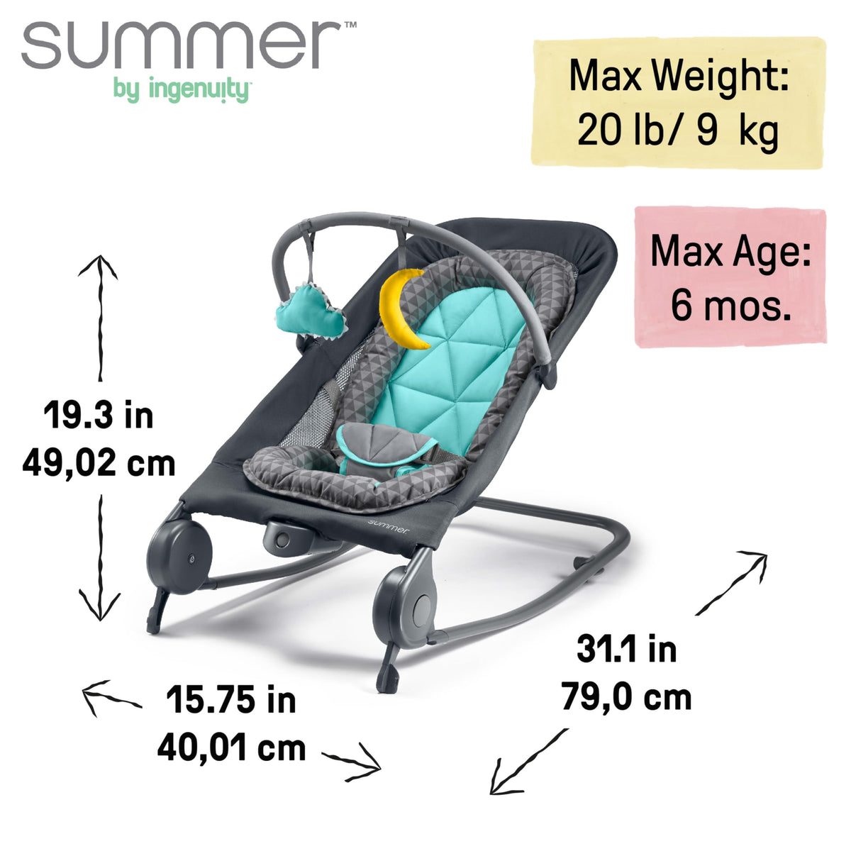 Summer Infant 2-in-1 Bouncer & Rocker Duo (Gray and Teal) Convenient and Portable Rocker and Bouncer for Babies Includes Soft Toys and Soothing Vibrations