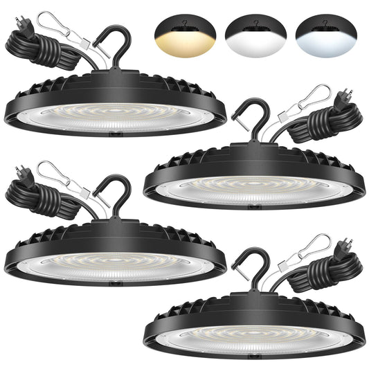 240W UFO LED High Bay Light, Adjustable Wattage 240W/200W/150W, 3-Color Temperature (6500K/5000K/3500K), 36,000LM, AC100-277V, Plug & Play LED Shop Lights Fixture for Warehouse, Garage, Factory, 4PCS