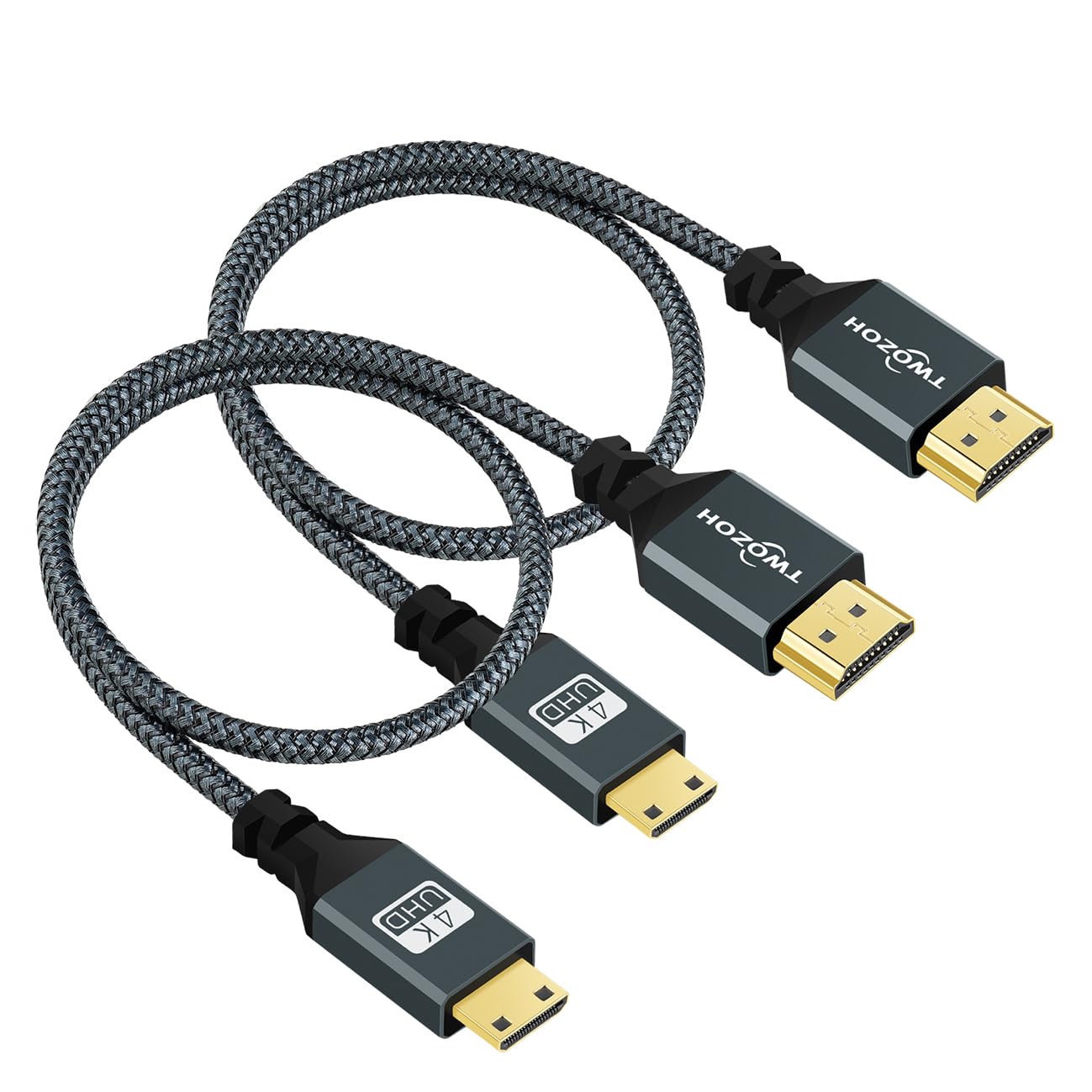 Twozoh 1FT 2 Pack, 3D/4K@60Hz 18Gbps/2160P/1080P Mini HDMI to HDMI Cable Nylon Braided HDMI to Mini HDMI Support
