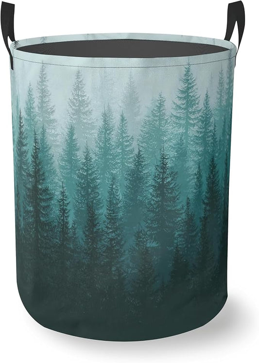 Green Misty Forest Round Laundry Hamper Storage Basket Toys Clothes Organizer Bin For Home Bathroom Bedroom Dorm Nursery