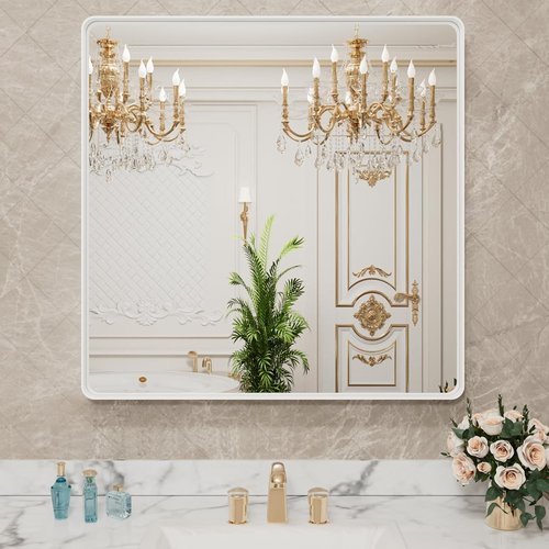 LOAAO White Metal Framed Bathroom Mirror - 30x30 Inch Large Rounded Rectangle, Anti-Rust, Tempered Glass