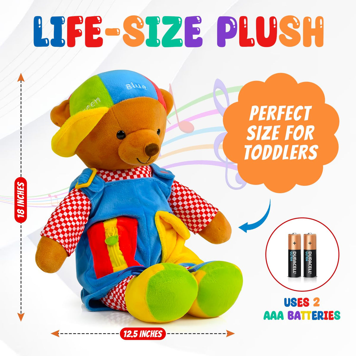 Bundaloo Talking Learning Dress-Up Bear for Toddlers – Educational Plush Toy that Talks & Sings ABCs, Zipper Button Shoelace Buckle Skills, 18” Life-Size Sensory Stuffed Animal for Preschool Kids