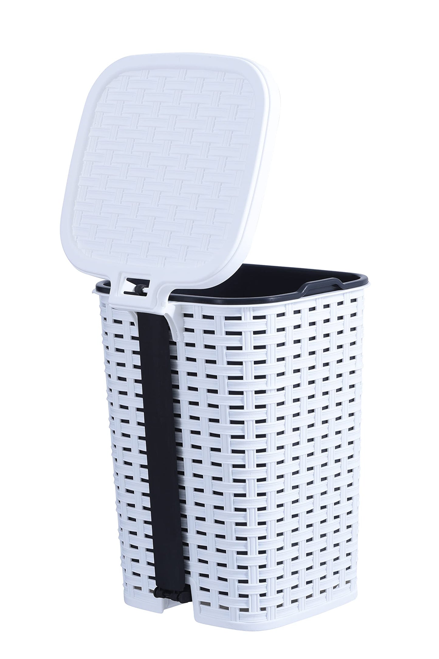 Superio Small Outdoor Trash Can with Lid for Dog Poop 3 Gallon/12 L Mini Plastic Garbage Can with Foot Pedal for Bathroom, Bedroom, Office, Patio, Wicker White, 8 Pack