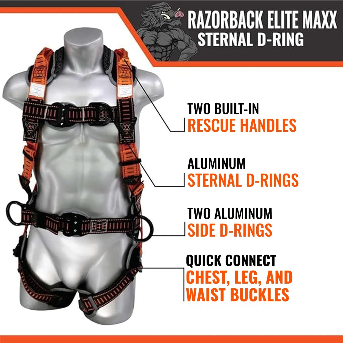 Malta Dynamics Razorback Elite MAXX - Safety Harness and Fall Protection Kit with Sewn in Lumbar Support Belt and Built-in Rescue Handles for Fall Arrest, OSHA & ANSI Compliant (Small-Medium)