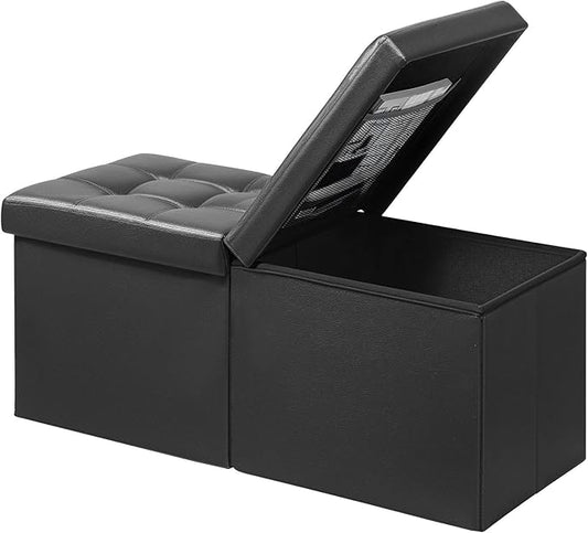 AmasSmile Footrest Ottoman Bench with Storage,34Inch Black Leather Footstool, Coffee Table, Padded Seat, Storage Chest,Blanket Store with Flipping Lid for Livingroom and Bedroom