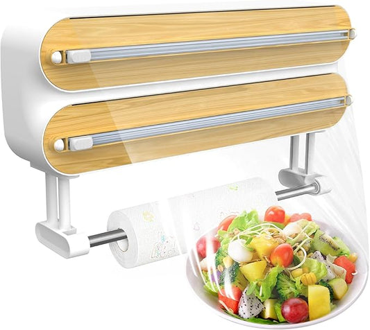 Kitchen Wrap Dispenser with Cutters Organize Aluminum Foil Plastic Wrap Wax Paper Wooden Design Storage Organizer with Easy Tear System for Countertop Pantry and Kitchen Cabinet (3in1)