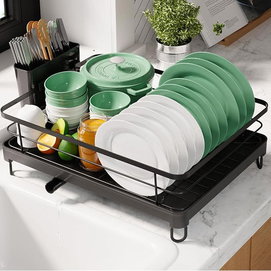 Kitsure Dish Drying Rack for Kitchen Counter, Stainless Steel Sink Organization and Storage Essentials with Cutlery Holder, Home and Appartment Decor, 12.7''W x 16.7''L, Black