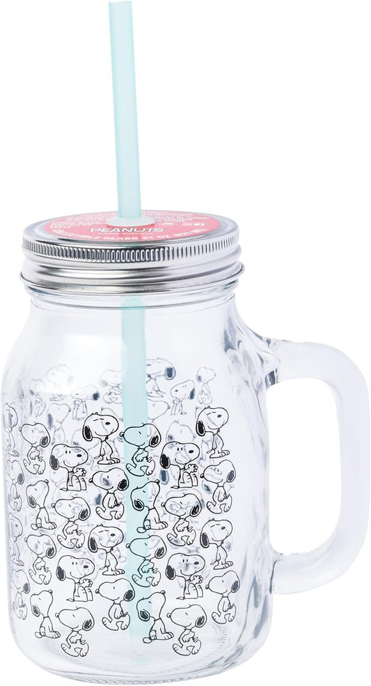 Silver Buffalo Peanuts Snoopy Glass Jar with Lid and Straw, 21 Ounces