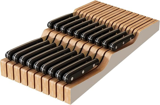 In-Drawer Knife Block Organizer - Bamboo Wood Drawer Knife Organizer-Protecting Knife Organizer Block (Not Included) (White, 19 Knives Dock)