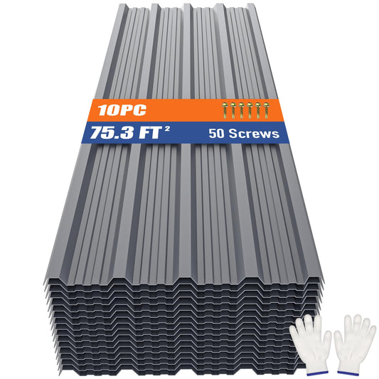 Brakki Corrugated Metal Roofing Panels 10pcs 75.3 ft², Grey Galvanized Steel Roof Panels with Screw, Heavy Duty Metal Siding Suitable for Garages Chicken Coop Sheds Stables Patio