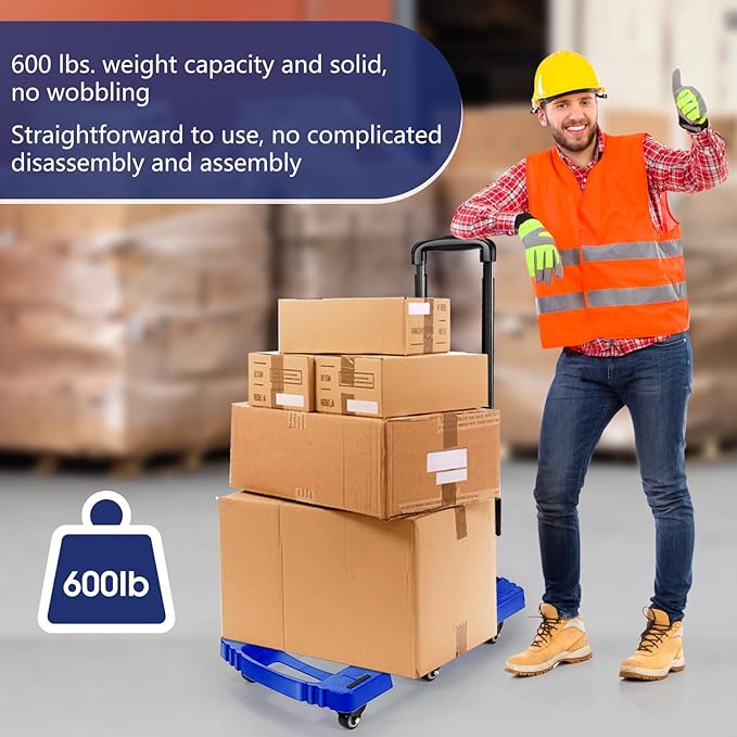 Voipvvii Folding Hand Truck 500lbs, Portable Heavy Duty Dolly Cart, 6 Wheels Collapsible Luggage Cart with 2 Elastic Ropes - Compact Trolley Cart for Easy Moving - Ideal Hand Cart for Travel and More