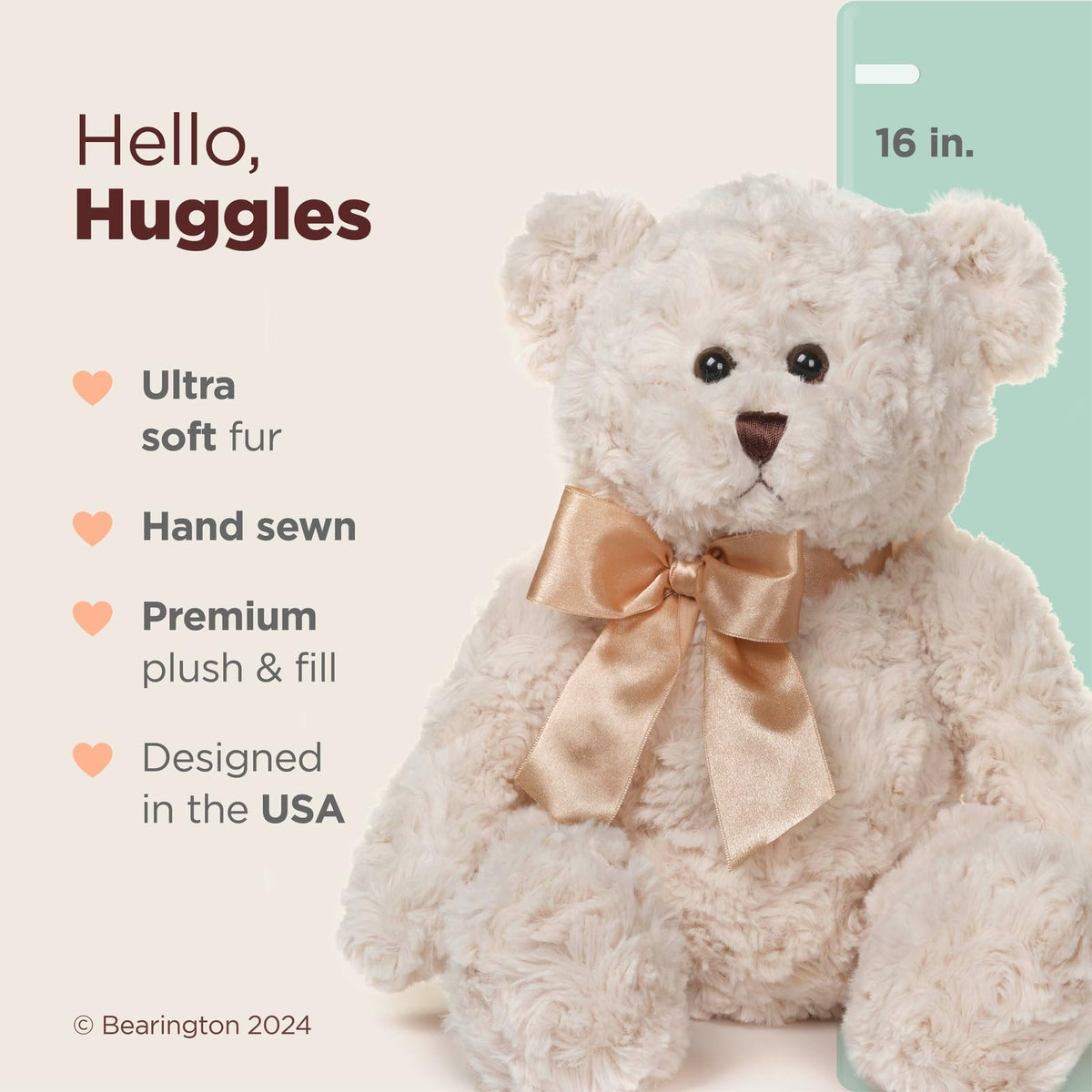 Bearington Huggles Creamy White Teddy Bear Stuffed Animal Toy - 16" Soft-Fur Teddy Bear Plushies with Satin Bow - Cuddly Stuffed Bears Plush Gift for Birthday, Anniversary, Holiday, or Graduation