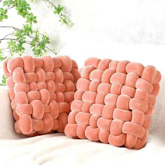 Wenqik 2 Pcs Knot Pillows Square Knotted Plush Throws Soft Accent Pillows Decoration Cushion for Couch Home Office Living Room Bedroom Bed Sofa Decor, 12'' x 13''(Coral Red,Crystal Velvet)