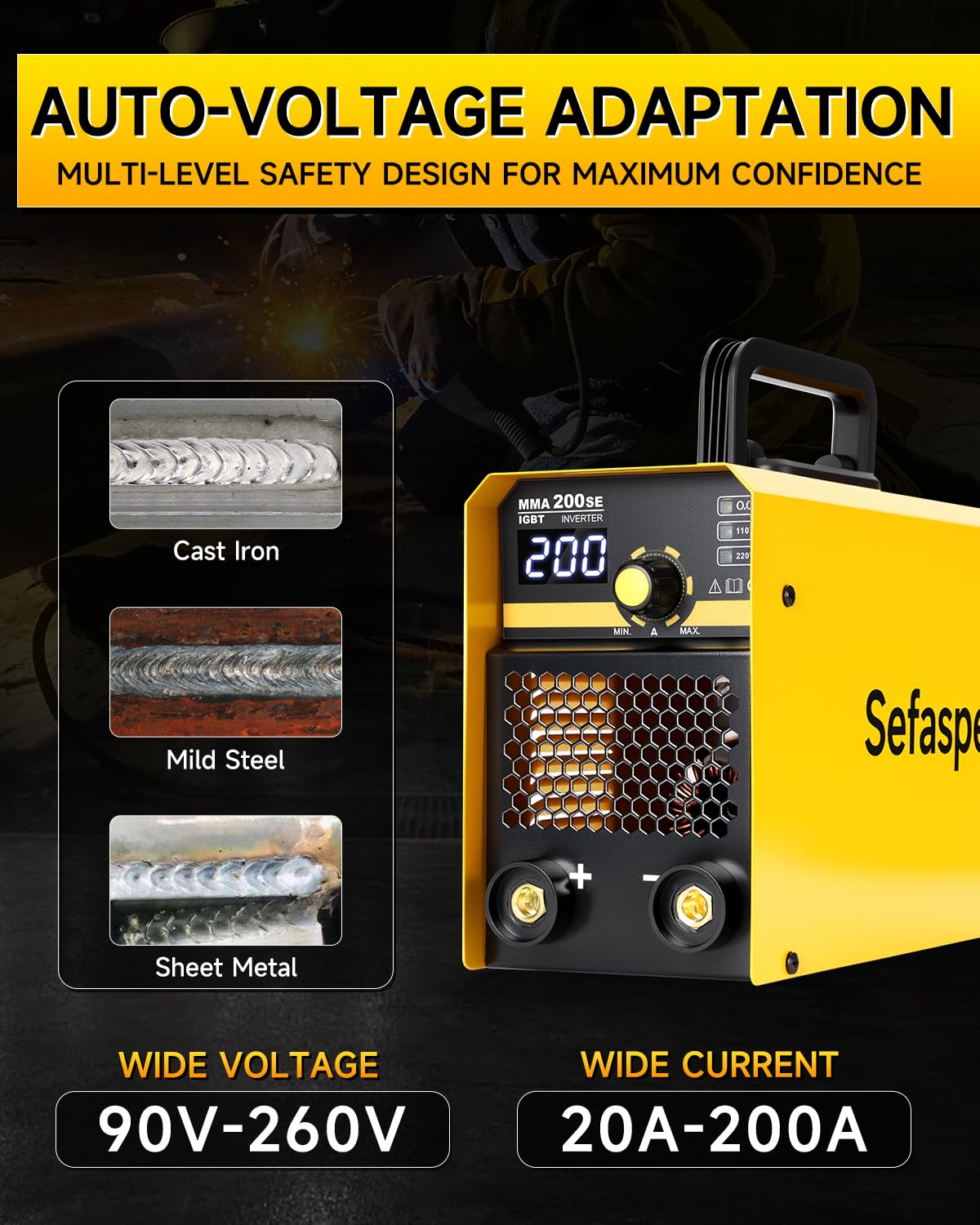Sefaspe Stick Welder, 2026 Newest [Large LED Display] 200A ARC/Lift TIG Welding Machine with Synergic Control, IGBT Inverter Portable MMA Welder Machine with Hot Start/Arc Force