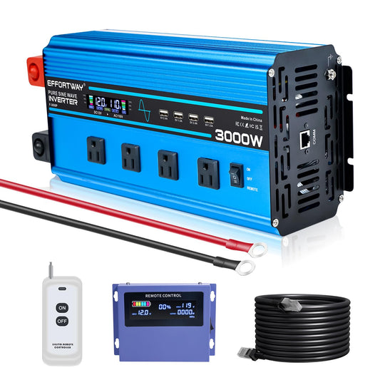 3000w Pure sine Wave Inverter DC 12V to AC 110V/120V Converter, 6000w (Peak) with LCD Display, Wireless/Wired Remote Control, 4AC outlets and 4USB.Ideal for Camping, RV Travel, Off-Grid Solar Systems