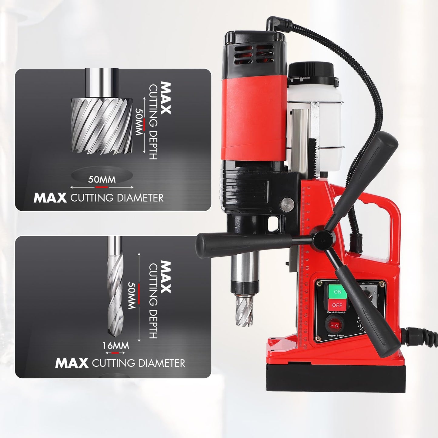 PeakPursuit Mag Drill Press, 1400W 810RPM Portable Magnetic Drill Press, 2 Inch Boring Diameter, Double Track, Electric Drilling Machine with 6Pcs Drill Bits, for Industrial and Home Improvement