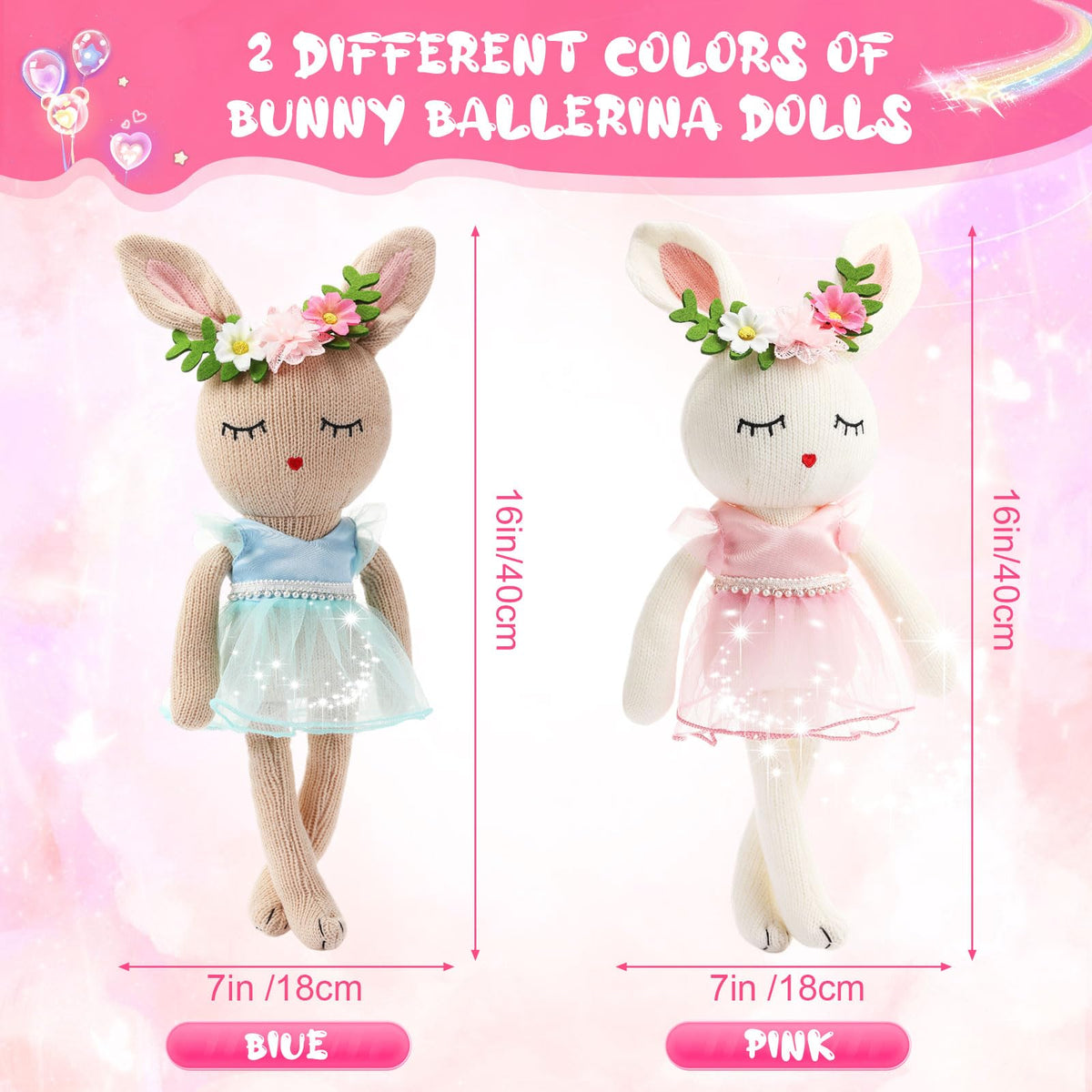 Meooeck 2-piece 16 Inch Bunny Ballerina Doll - Cute Soft Bunny Stuffed Animal Knitted Ballerina Toy, 2 Colors