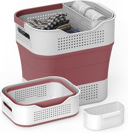 TECHMILLY Collapsible Plastic Laundry Basket Hamper with Handles, 35L Portable Rubber Clothes Basket, Pop Up Storage Container/Organizer with Hanging basket for Washing & Storage, Red