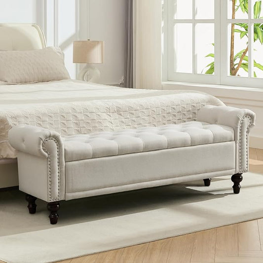 58'' Upholstered Storage Bench for Bedroom, Linen End of Bed Storage Ottoman Benches Large, Button Tufted Ottomans with Storage for Living Room/Entry Way/Closet, Beige