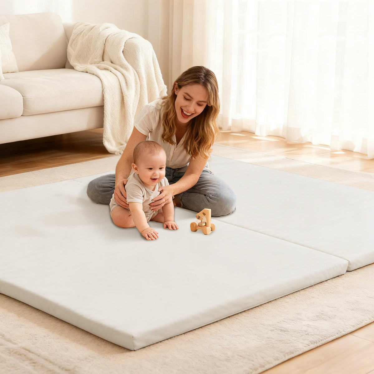 Bootuu Baby Play Mat for Floor 1.4" Thick Memory Foam 50x50 Playpen Mat for Toddlers Infant Kids with Non-Slip Backing Safe for Crawling, Water-Repellent Leather for Tummy Time, Tatami Style(Grey)