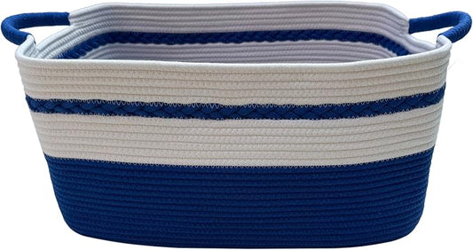 Decorative laundry basket with handles woven from natural cotton rope storage blankets for living room cute boho quilted gift baskets for clothes pillows toys 20"x14"x10",white/blue