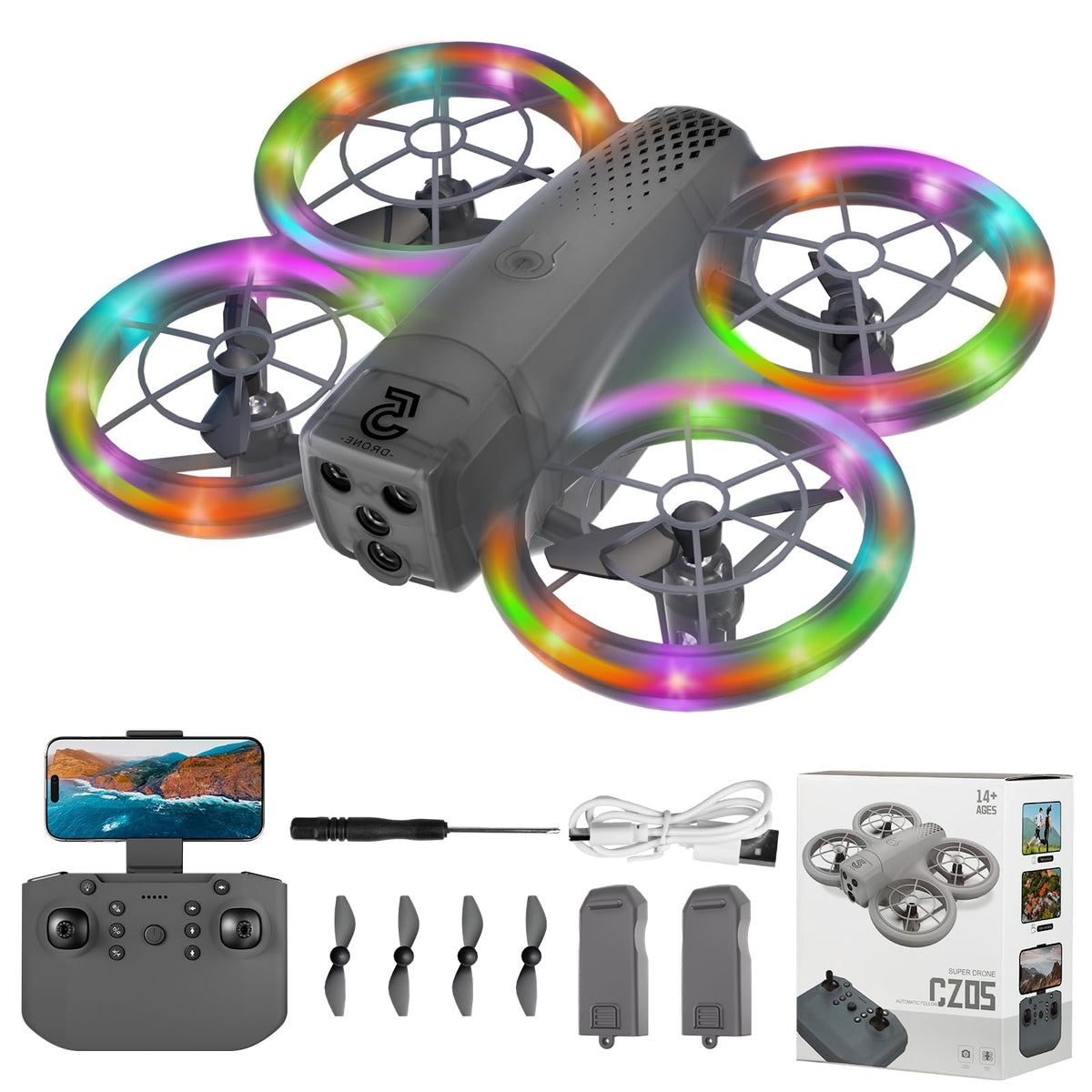 Mini Drone for Kids and Beginners With Cool LED Light - Drone with Camera 1080HD, 3D Flip, Altitude-Hold, Headless Mode, 3 Speed Modes, Easy to fly Kids Gifts Toys With 2 Batteries for Boys and Girls(Grey)