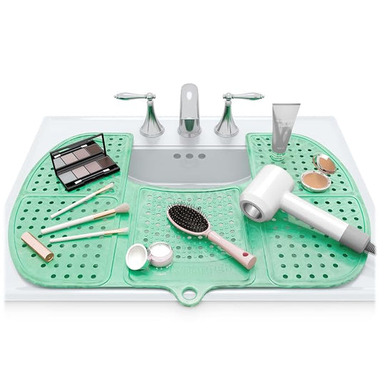 Sink Topper Bathroom Counter Cover & Storage Saver, Foldable Silicone Mat for Hot Tools, Hair Styling & Makeup, Beauty Brush Cleaning Mat, RV Camper Sink Cover & for Small Spaces (Large Green)
