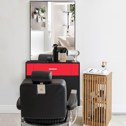 Black Salon Station Makeup Wall Mount Hair Styling Beauty Spa Equipment Set with Mirror Utility Drawer, Storage Cabinet Vanity Set with Mirror Make up Table Spa Beauty Styling Barber Station Equipment