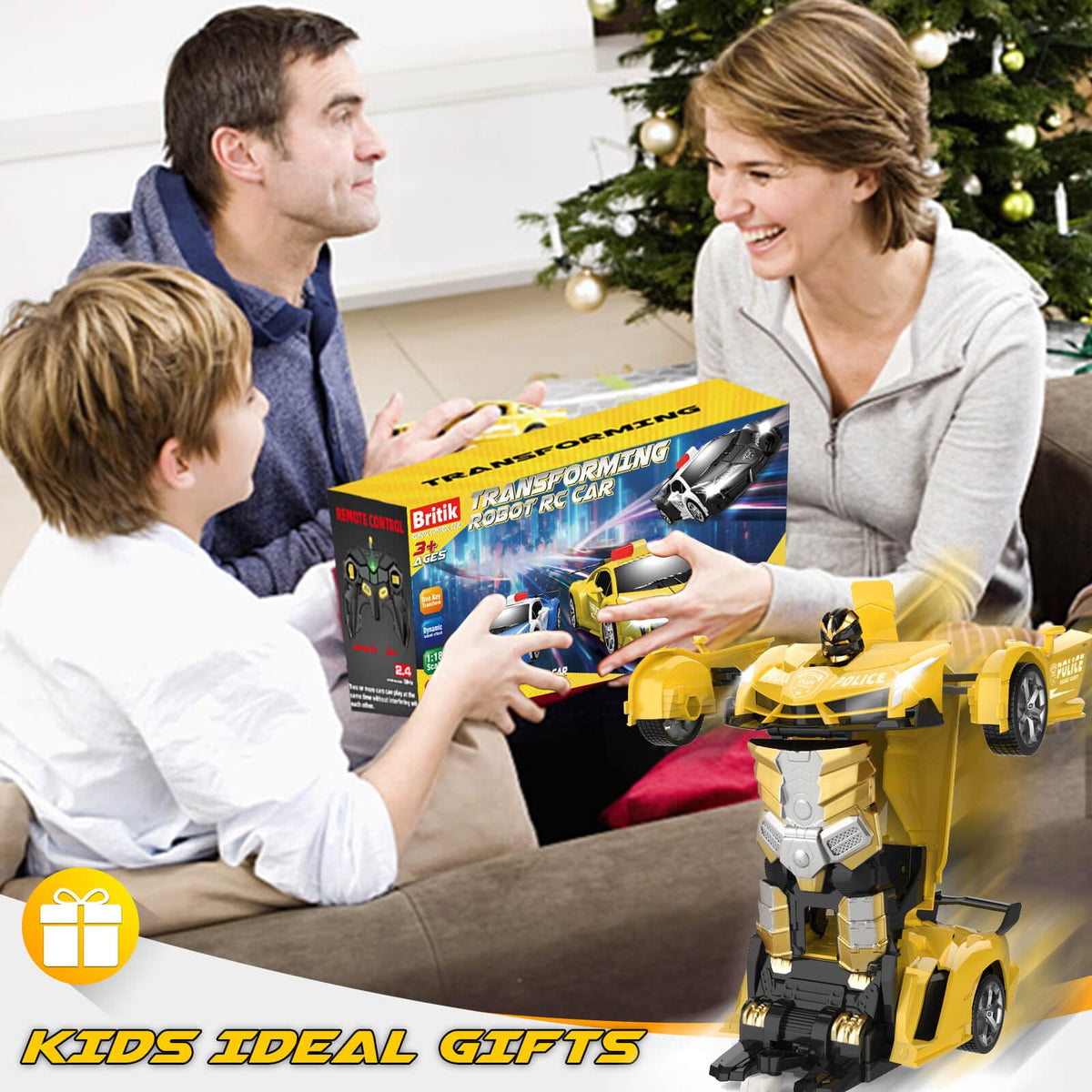 Britik Transform Remote Control Car - Rc Cars, One-Button Transforming, 360° Rotation Drifting, 2.4ghz 1:18 Scale, Gift Kids Aged 4-6 Year Old Boys/Girls, Police Car Yellow