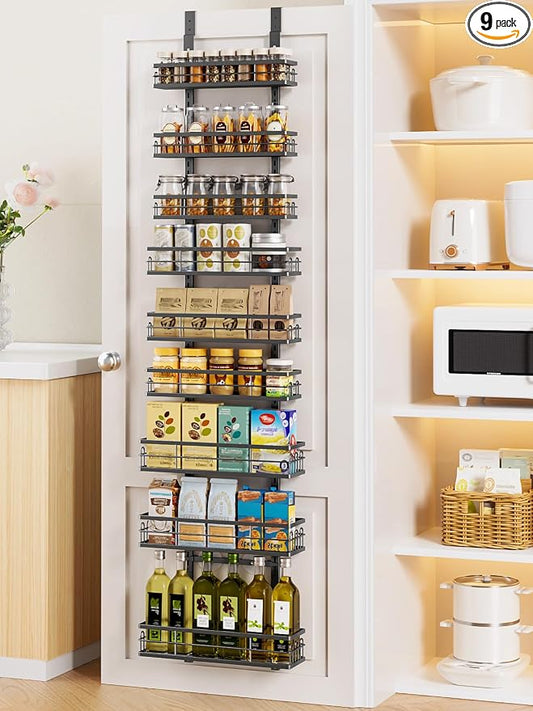 Delamu 9 Tier Over The Door Pantry Organizer, Pantry Organization and Storage, Hanging Spice Rack for Pantry Door Organizer, Metal Pantry Door Shelves for Kitchen Bathroom Laundry Room,15.3" Black