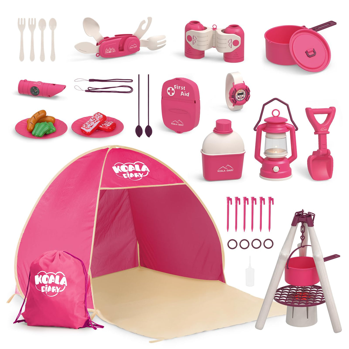 KOALA DIARY Kids Camping Set – an Outdoor Campfire Toy Set Featuring a Tent, Oil lamp, Stove, and More,Gift Idea for Girls Age 3+ Year Old Birthday Christmas