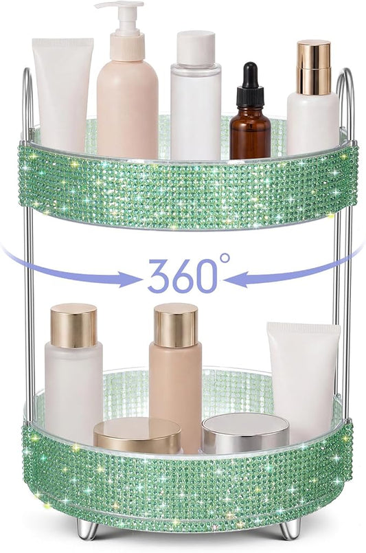 Honeydak 360 Rotating Perfume Organizer Gift for Women, Rhinestone Preppy Skincare Organizer Bathroom Counter Makeup Holder Skincare and Perfume Storage for Cosmetic(2 Tiers,Resin Diamond,Green)