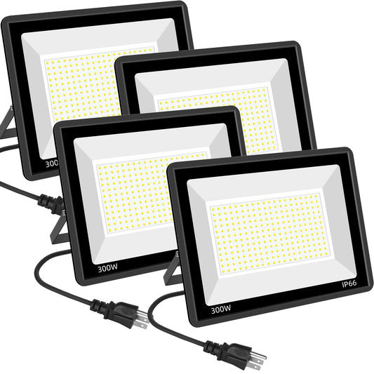 4Pack 300W LED Flood Lights Outdoor, 1800W IP66 Waterproof Exterior Security Lights,Work Light with 6FT US Plug,5000K Daylight White Outside Floodlights Slim Design for Playground Court Stadium