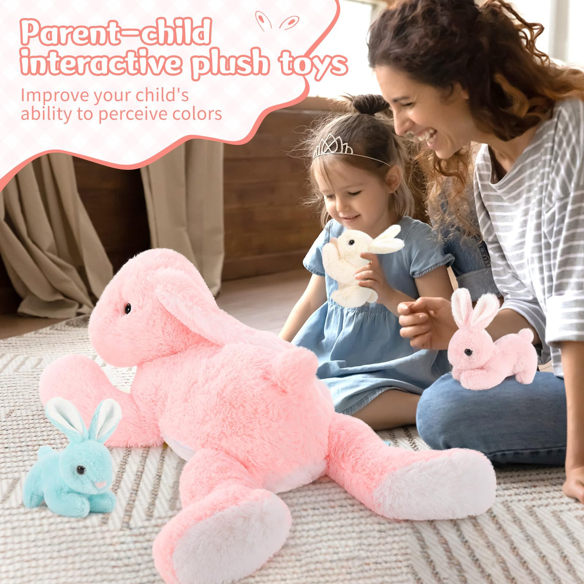 MaoGoLan 4Pcs Giant Bunny Stuffed Animal with 3 Babies Inside, 24" Easter Bunny Plush Toys, Soft and Cuddly Pink Stuffed Rabbit Gift for Kids,Girls,Boys,Teens