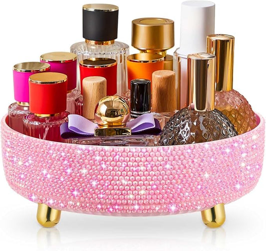 Honeydak Pink Bling Perfume Makeup Organizer Bling Mother's Day Nurses Day Gifts for Women Bathroom Organizers and Storage 360 Rotating Makeup Organizer for Countertop(Resin Stone)