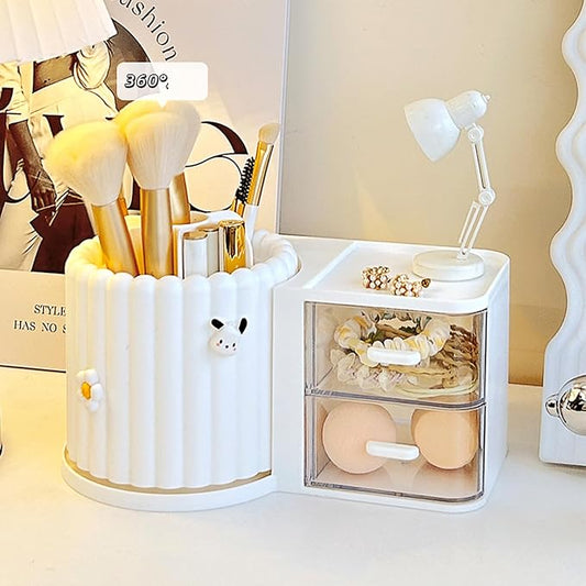 Makeup Organizer Countertop, 360 Rotating Makeup Brush Holder with 2 Drawer Organizer, Small Preppy Kids Desk Organizer, 9.25x5.11 Inch, White