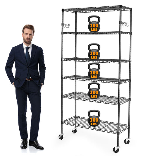 BolDuck 6 Tier Storage Shelves with Wheels, 2100lbs Capacity Heavy Duty Shelving Units, 14x36x75inch Adjustable Metal Shelf Wire Shelving Rack for Garage, Kitchen, Office, Black