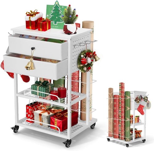 Christmas Wrapping Paper Organizer - Heavy-Duty Storage Cart with 2 Fabric Drawers for Ribbons & Gift Bags