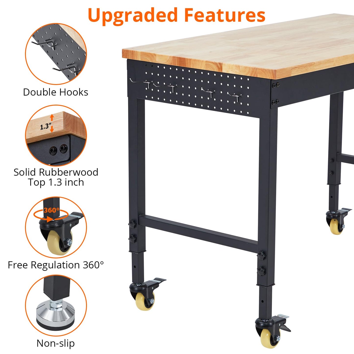 60''x22'' Heavy Duty Adjustable Workbench with Charging Station & Lockable Wheels, 2000 Lbs Capacity Rolling Workbench, Moblie Work Table for Garage Workshop DIY, Black