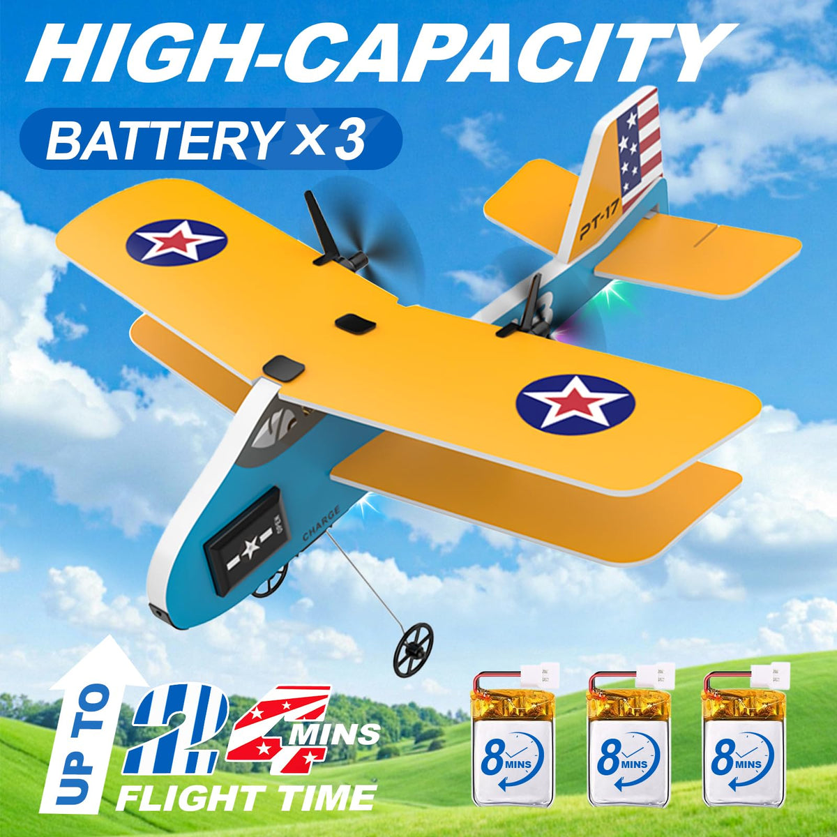 Toileum RC Plane, 2.4Ghz Remote Control Airplane with 3 Batteries & 6-axis Gyro Stabilizer, 2 Channel RTF PT-17 RC Toy, Easy to Fly for Beginners Kids Boys Girls Adults (Yellow)