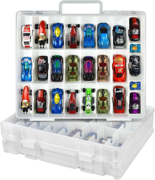 Toy Car Storage Organizer Case - Compatible with Hot Wheels & Matchbox Cars | 48 Compartment Double-Sided Holder - White
