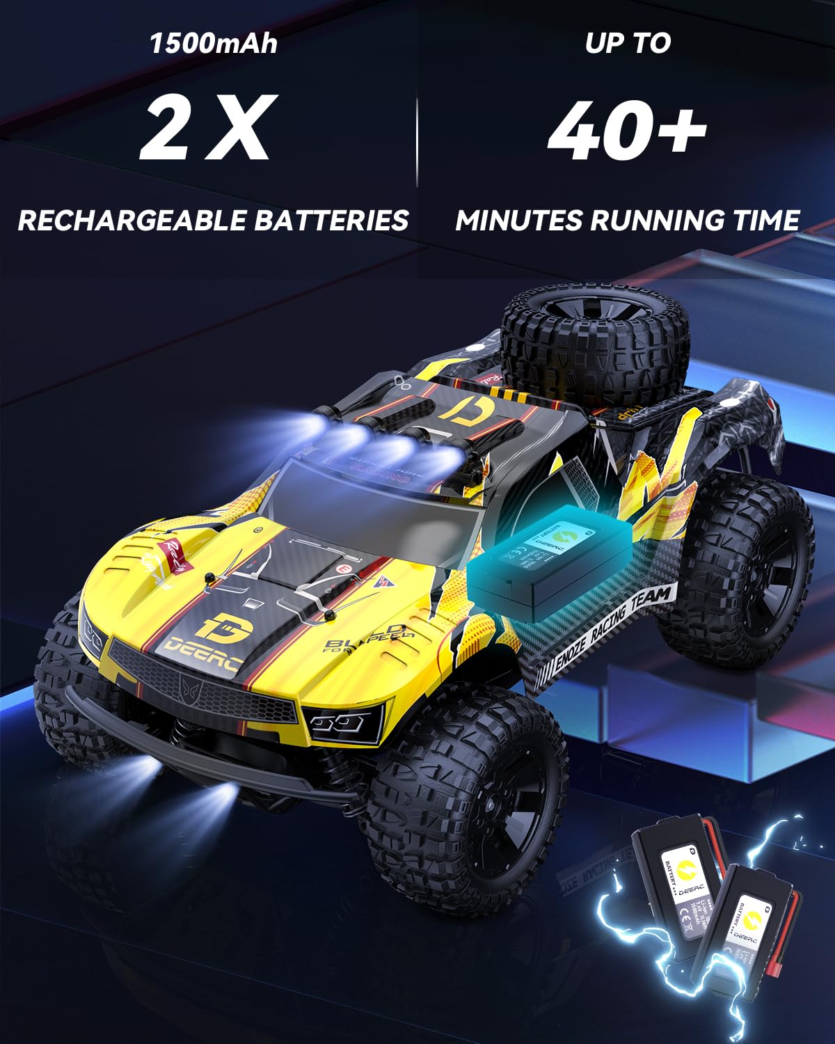 DEERC 9201E 1:10 Large Remote Control Truck with Lights, Fast Short Course RC Car, 48 km/h 4x4 Off-Road Hobby Grade Toy Monster Crawler Electric Vehicle with 2 Rechargeable Batteries for Adult Kid Boy