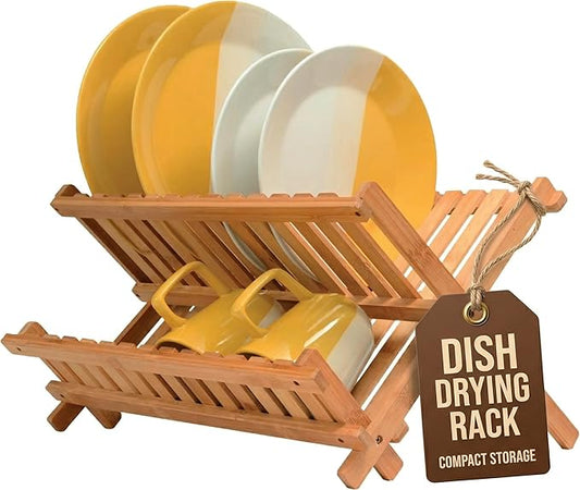 Bambüsi Dish Drying Rack - Collapsible Bamboo 2 Tier Foldable Wooden Dish Drainer for Countertop, Plates Cups Bowls Utensils - Eco Friendly Folding Bamboo Dish Rack for Kitchen Apartment RV Home Small
