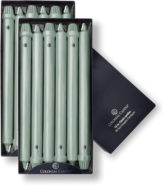 Colonial Candle Unscented Taper Candle, Classic Collection, Colonial Classic Green, 12 In, Pack of 12 - Up to 10 Hours Burn