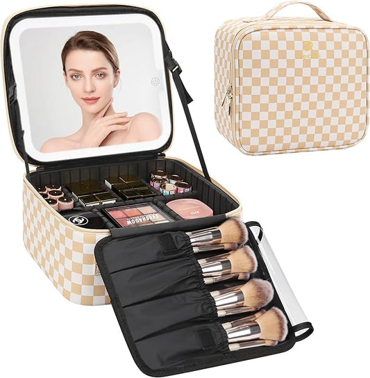 Relavel Travel Makeup Bag With LED Mirror, Cosmetic Train Case with Light up Mirror, Portable Makeup Artist Organizer Bag with Adjustable Dividers, Makeup Brush Holder Storage, Plaid
