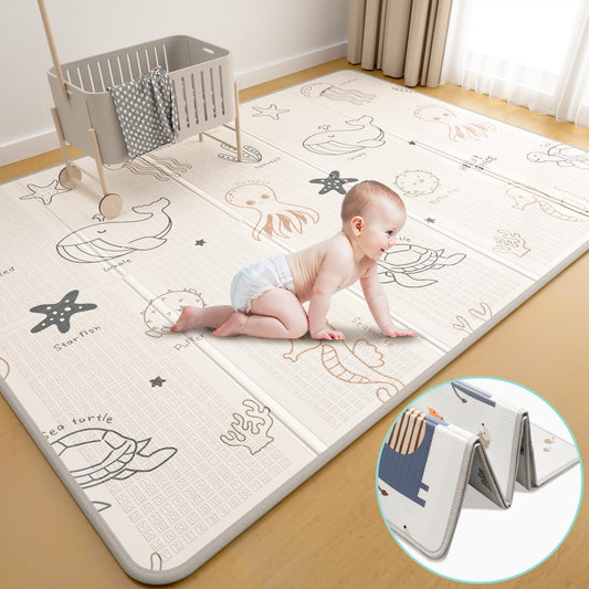 Foldable Baby Play Mat, Double-Sided Design, 79x59 inches, Waterproof, Non-Slip, Extra Thick 0.4 inch, Sea Animals and Elephant Patterns